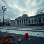 Flick International Hauntingly empty scene outside the Capital Jewish Museum with blood-stained crosswalk
