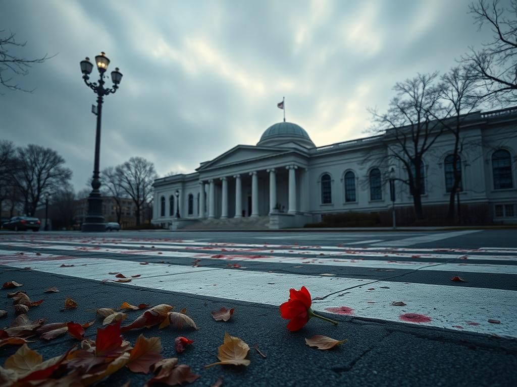 Flick International Hauntingly empty scene outside the Capital Jewish Museum with blood-stained crosswalk