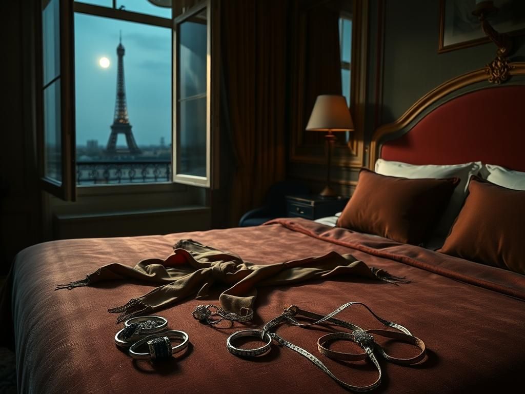 Flick International Chaotic Paris hotel room with remnants of a robbery, including a torn silk scarf and scattered jewelry.