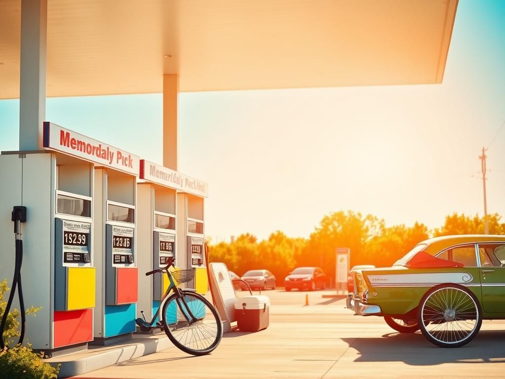 Flick International A serene gas station scene with lower gas prices displayed prominently during a bright Memorial Day weekend.