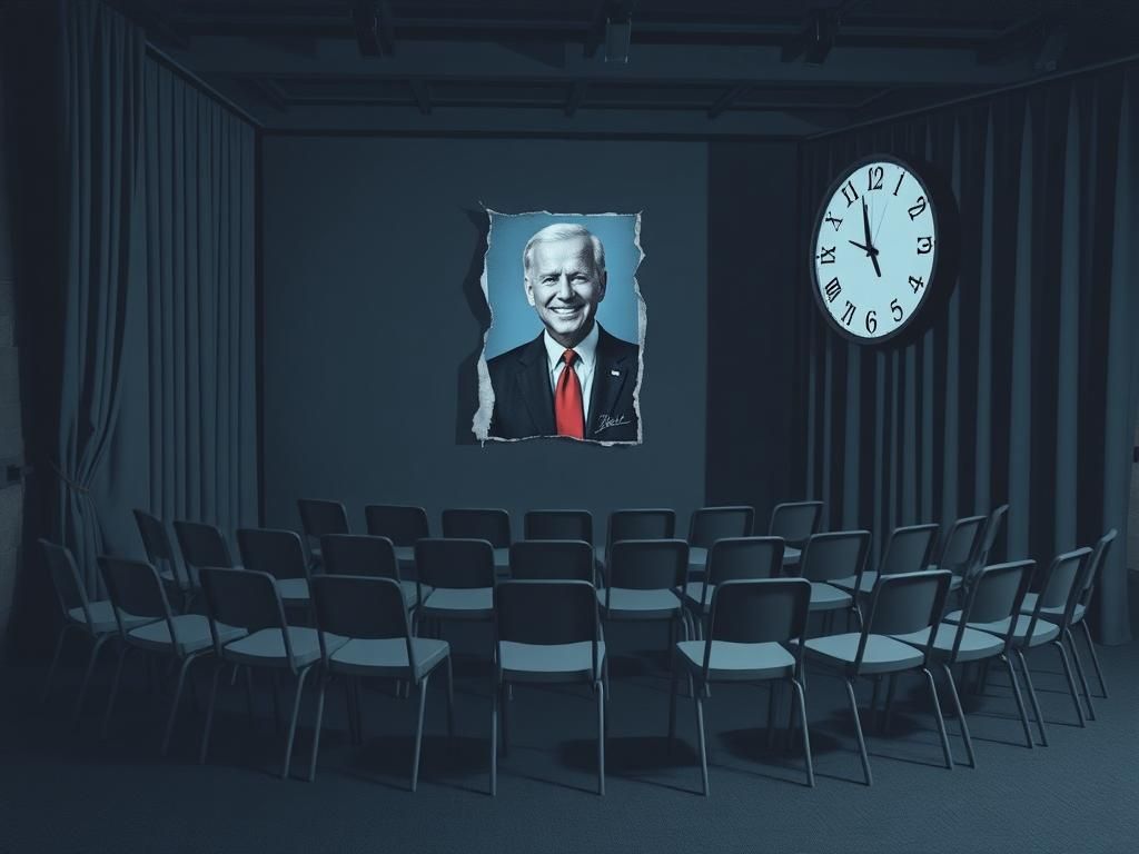 Flick International Dimly lit room with empty chairs symbolizing a neglected debate stage