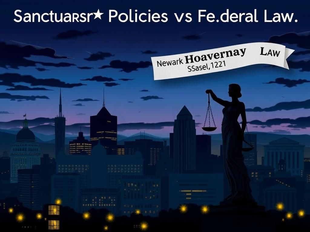 Flick International Dramatic cityscape of Newark, Hoboken, Jersey City, and Paterson against a twilight sky featuring a justice statue.