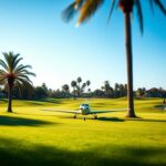 Flick International Small single-engine plane on the ground at Riviera Country Club amidst palm trees