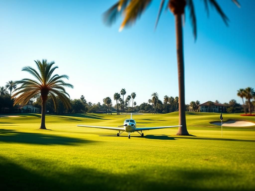 Flick International Small single-engine plane on the ground at Riviera Country Club amidst palm trees