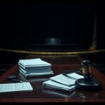 Flick International A dark, moody courtroom scene with an empty witness stand and legal documents