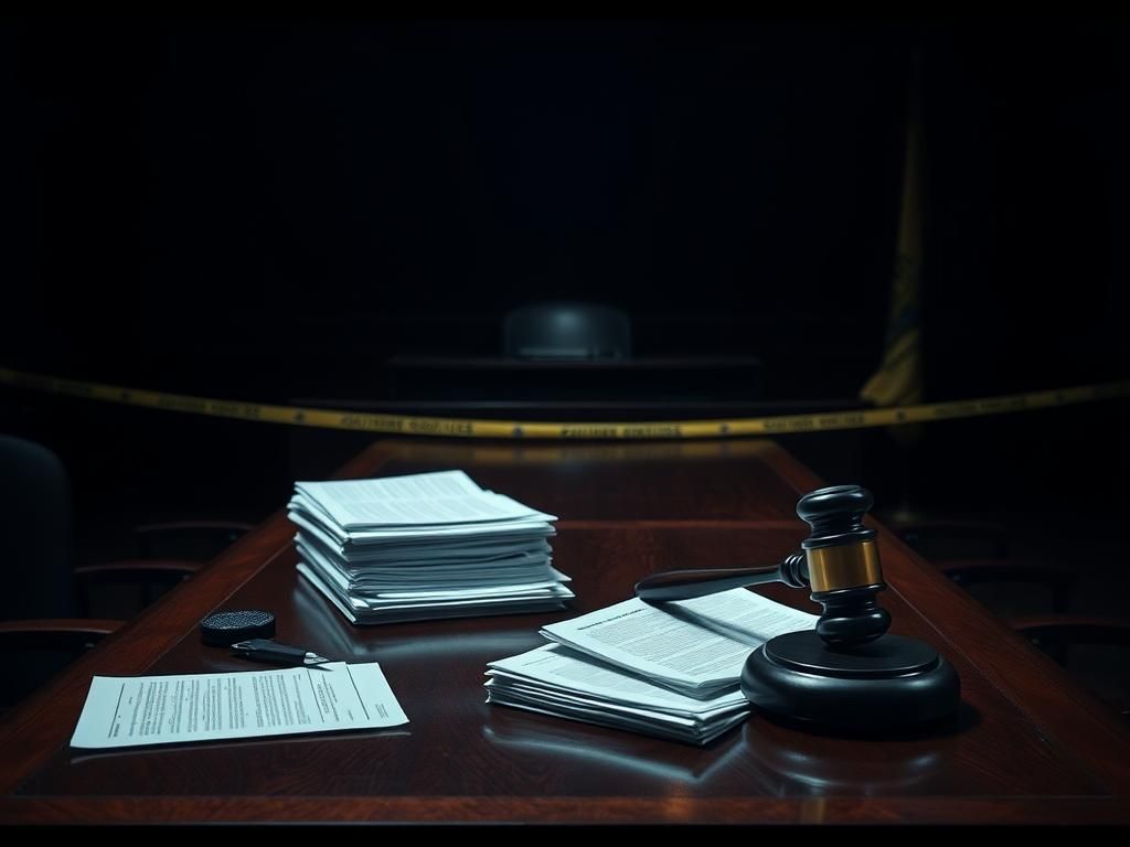 Flick International A dark, moody courtroom scene with an empty witness stand and legal documents