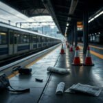 Flick International Dimly lit urban train station platform after a stabbing incident with scattered belongings