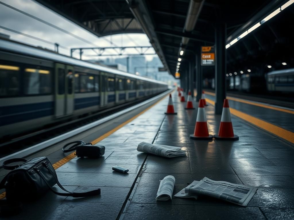 Flick International Dimly lit urban train station platform after a stabbing incident with scattered belongings