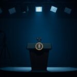 Flick International Dramatic image of an empty podium in a tense television studio