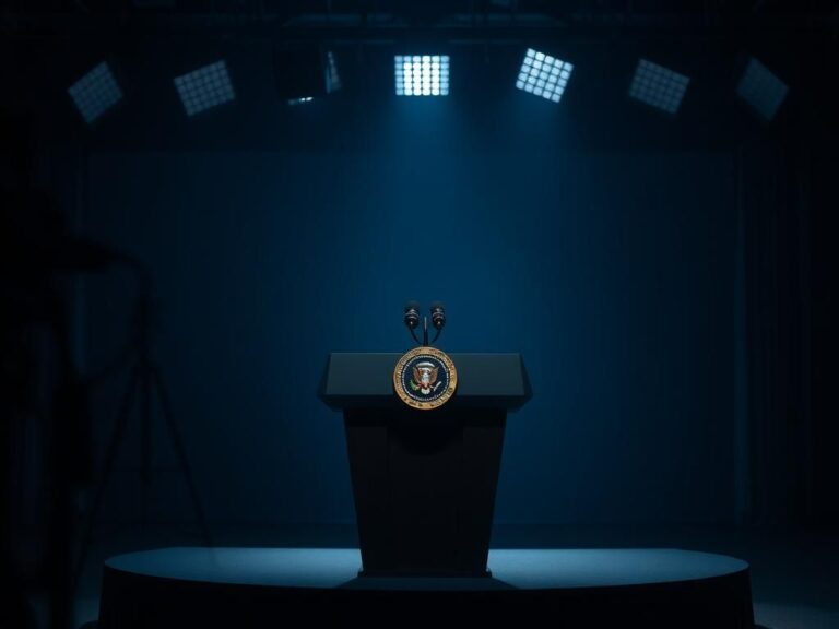 Flick International Dramatic image of an empty podium in a tense television studio