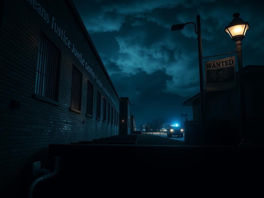 Flick International Exterior view of the Orleans Justice Center during a nighttime prison escape scene