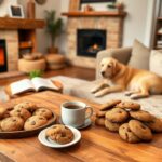 Flick International Cozy living room in a stylish Airbnb, featuring a golden retriever and freshly baked cookies