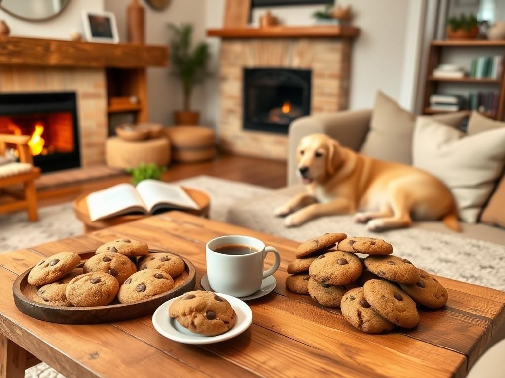 Flick International Cozy living room in a stylish Airbnb, featuring a golden retriever and freshly baked cookies