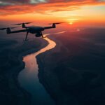 Flick International Aerial view of the southern U.S. border at sunset with drones hovering in foreground