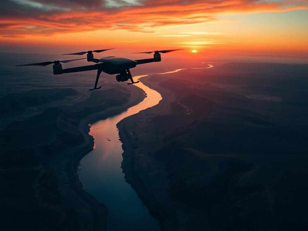 Flick International Aerial view of the southern U.S. border at sunset with drones hovering in foreground