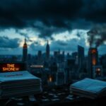 Flick International Dramatic cityscape at dusk with storm clouds and ominous stacks of envelopes labeled Protection Money.