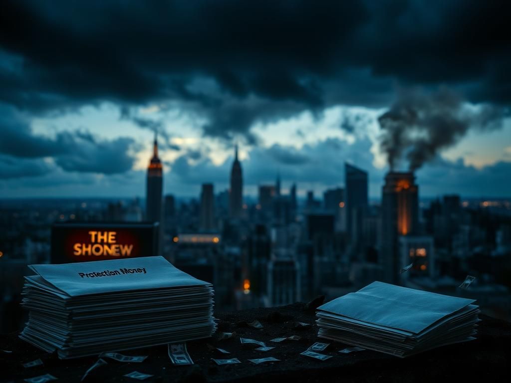 Flick International Dramatic cityscape at dusk with storm clouds and ominous stacks of envelopes labeled Protection Money.