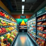 Flick International A vibrant grocery store aisle contrasting fresh produce with ultraprocessed foods