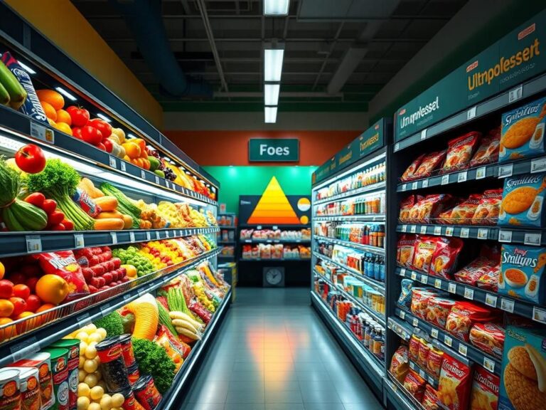 Flick International A vibrant grocery store aisle contrasting fresh produce with ultraprocessed foods