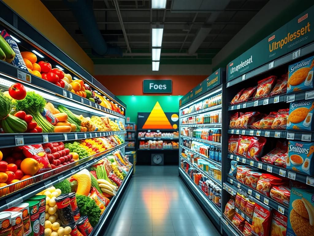 Flick International A vibrant grocery store aisle contrasting fresh produce with ultraprocessed foods