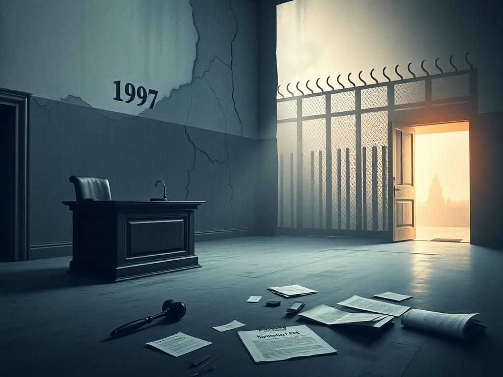 Flick International A faded courtroom scene with an empty judge's bench symbolizing legal authority and outdated policies.