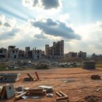Flick International A war-torn landscape in Syria, showing damaged buildings and a reconstruction site.
