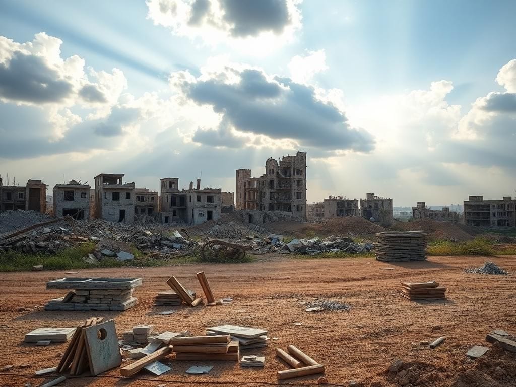 Flick International A war-torn landscape in Syria, showing damaged buildings and a reconstruction site.