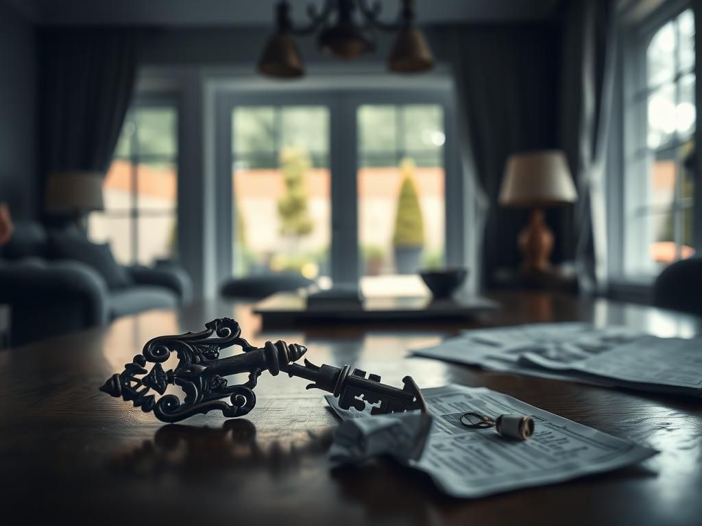 Flick International A vintage hotel key on a coffee table in a dimly lit upscale Airbnb, symbolizing secrecy and past connections.
