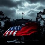 Flick International Dark silhouette of the White House with an American flag in the foreground against an overcast sky