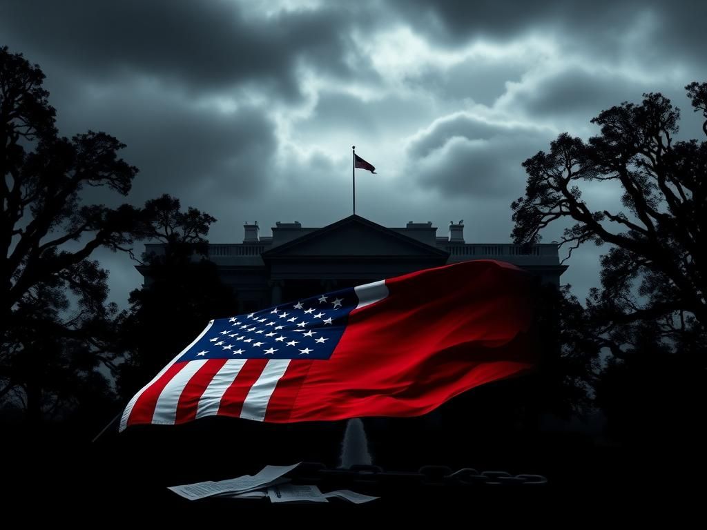 Flick International Dark silhouette of the White House with an American flag in the foreground against an overcast sky