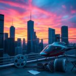 Flick International A modern cityscape at dusk with a sleek helicopter on a rooftop helipad, symbolizing adventure and excitement.