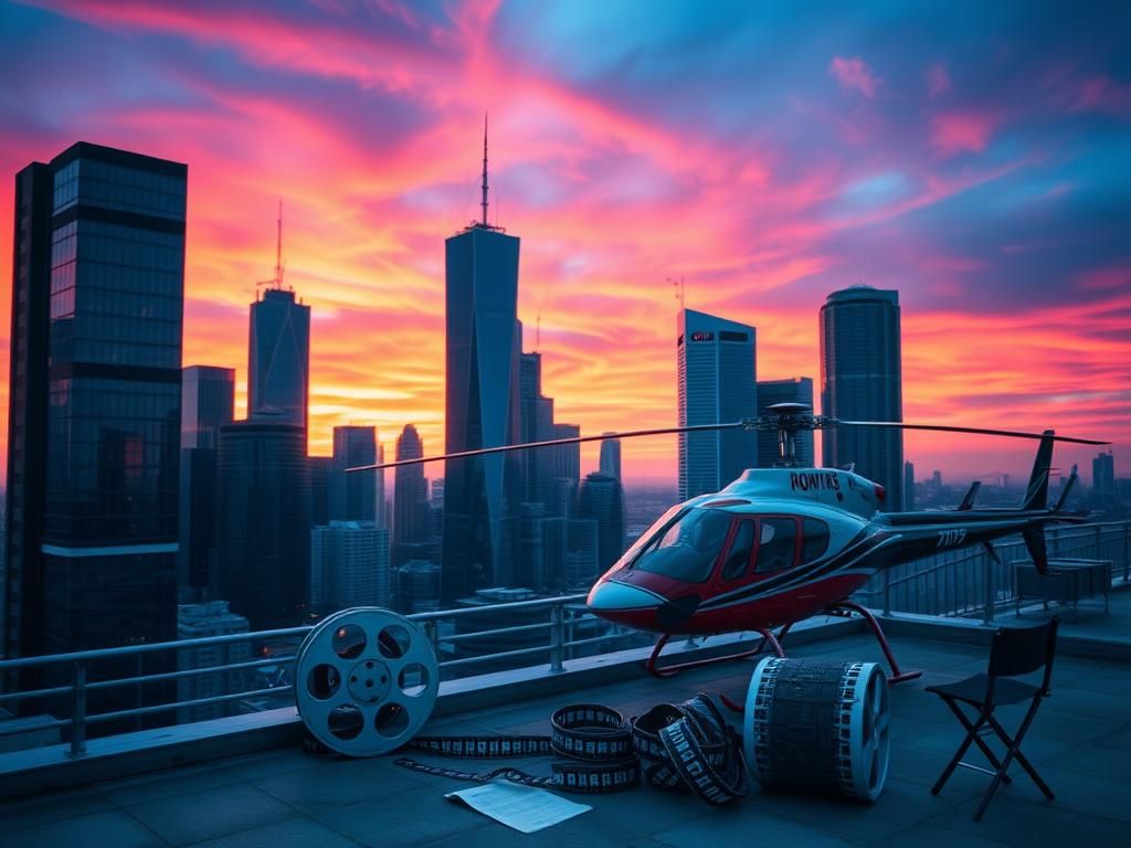 Flick International A modern cityscape at dusk with a sleek helicopter on a rooftop helipad, symbolizing adventure and excitement.
