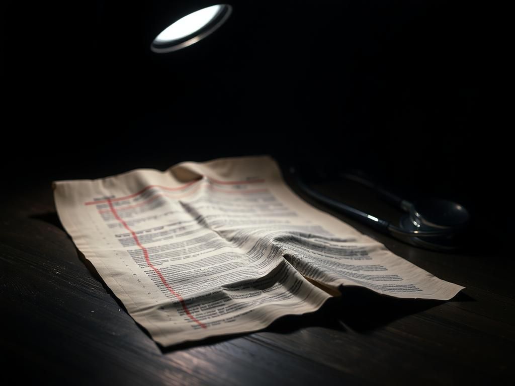 Flick International Worn-out medical report on a dark table with red markings