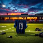 Flick International Empty podium on a high school football field at dusk, symbolizing Shedeur Sanders' visit