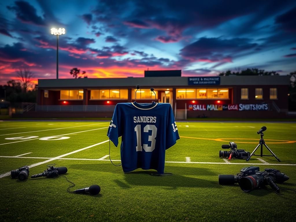 Flick International Empty podium on a high school football field at dusk, symbolizing Shedeur Sanders' visit