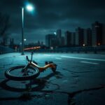 Flick International Dark urban scene of Randall's Island at night with an abandoned electric bicycle
