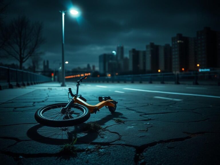 Flick International Dark urban scene of Randall's Island at night with an abandoned electric bicycle