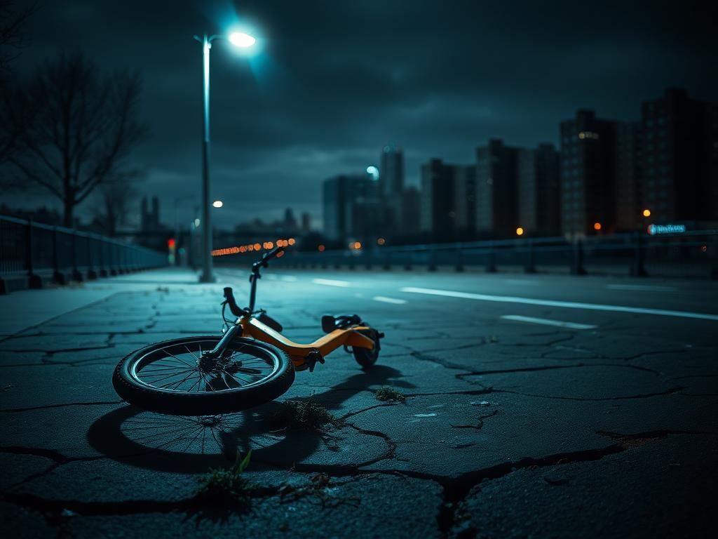 Flick International Dark urban scene of Randall's Island at night with an abandoned electric bicycle