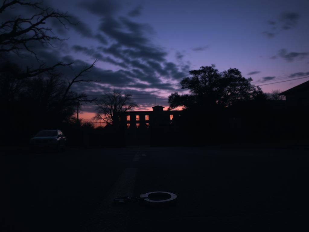 Flick International Shadowy cityscape of New Orleans at dusk with correctional facility and barbed wire