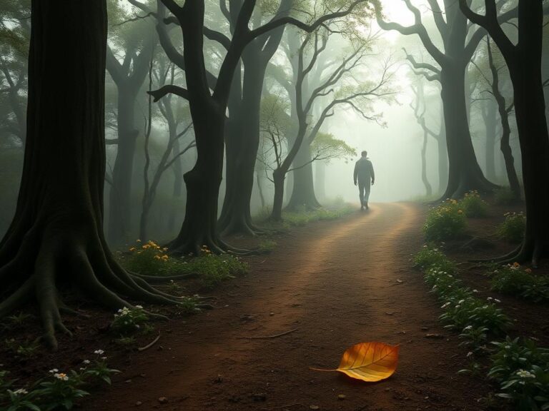 Flick International A serene path through a misty forest symbolizing self-discovery and healing