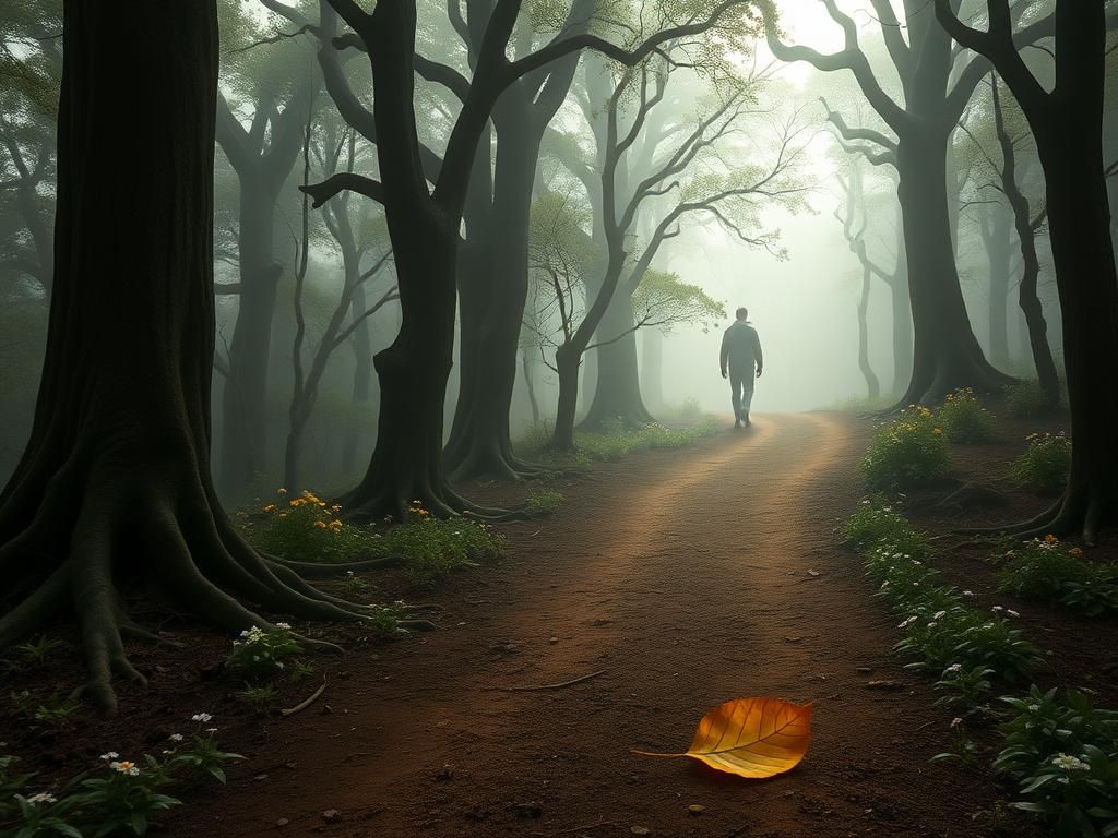 Flick International A serene path through a misty forest symbolizing self-discovery and healing
