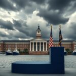Flick International Majestic architectural view of the United States Naval Academy under a dramatic sky