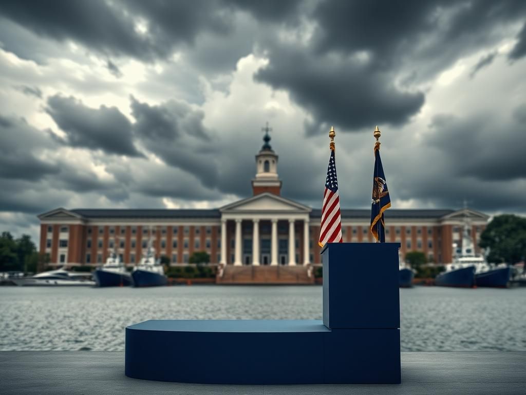 Flick International Majestic architectural view of the United States Naval Academy under a dramatic sky