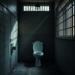 Flick International Dimly lit prison environment showcasing a crumbling jail cell and shattered toilet, hinting at a recent escape.