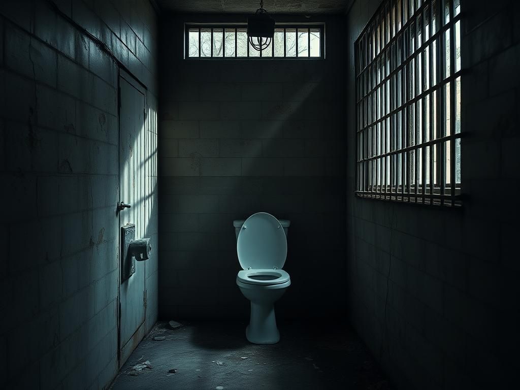 Flick International Dimly lit prison environment showcasing a crumbling jail cell and shattered toilet, hinting at a recent escape.