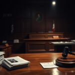 Flick International A dimly lit courtroom scene with a large wooden judge's bench and stacks of legal documents