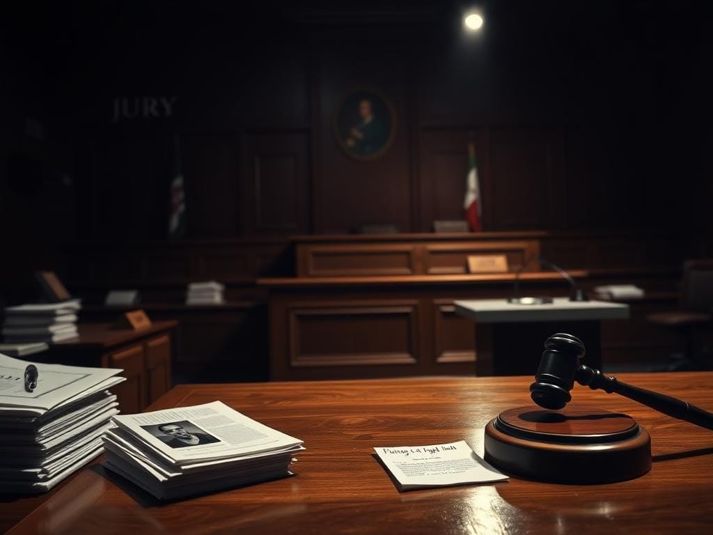 Flick International A dimly lit courtroom scene with a large wooden judge's bench and stacks of legal documents