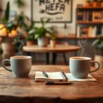 Flick International Serene coffee shop scene with two cups of steaming coffee, a notebook, and a pen representing mentorship.