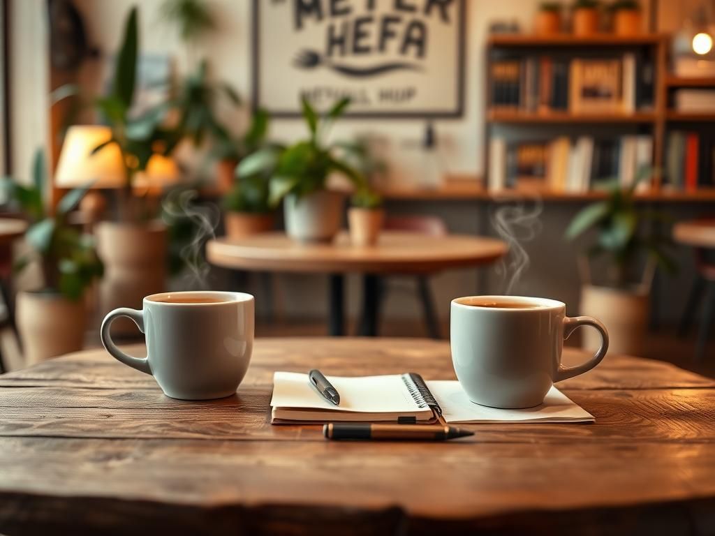 Flick International Serene coffee shop scene with two cups of steaming coffee, a notebook, and a pen representing mentorship.