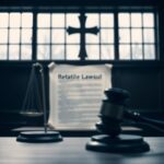 Flick International Dark courtroom scene with an empty witness stand and blurred gavel
